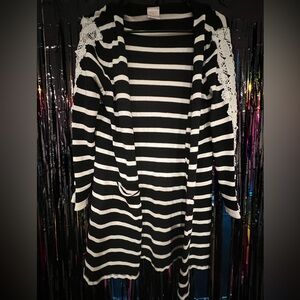 Black and White Striped Cardigan with pockets & Lace Detail